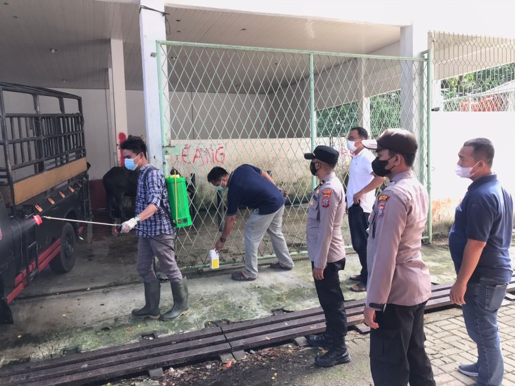 Antisipasi Penyebaran PMK Polres Sibolga Kawal Penyemprotan Disinfectan  