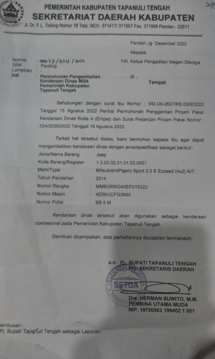 Terkait Tudingan Mobil pemkab dikembalikan Ketua PN Sibolga, Jamil zeb tumori : "Kalau Meminta, Pakailah Etika" 