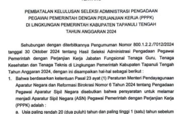 Palsukan Dokumen, 13 PPPK di Pemkab Tapteng Dibatalkan Kelulusannya